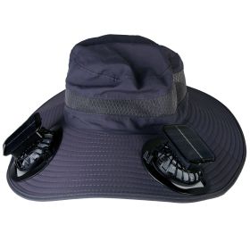 Outdoor Wide Brim Sun Hat With 2 Rechargeable Fans Solar Powered 3 Wind Speeds UPF50+ Breathable Waterproof Nylon Mesh Outdoor Hat For Hiking Cam (Color: Dark Grey)