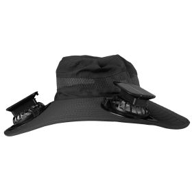 Outdoor Wide Brim Sun Hat With 2 Rechargeable Fans Solar Powered 3 Wind Speeds UPF50+ Breathable Waterproof Nylon Mesh Outdoor Hat For Hiking Cam (Color: Black)